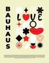 Abstract geometric bauhaus poster. Heart, love, lips, cherry, text and other primitive forms, shapes. Modern flat style