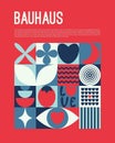 Abstract geometric bauhaus poster. Heart, love, strawberry, eye, moon and other primitive forms and shapes. Modern flat