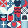 Abstract geometric bauhaus seamless pattern. Heart, love, strawberry, eye, moon and other primitive forms and shapes