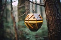 abstract geometric beehive hanging from a tree branch
