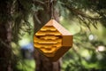 abstract geometric beehive hanging from a tree branch