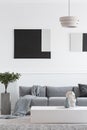 Abstract geometric black and paintings on white wall of trendy living room interior