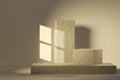 Abstract geometric block podium scene 3d rendering with plaster texture and window shadow with warm sunlight for