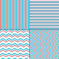 Abstract geometric chevron and stripes seamless pattern set in blue red white, vector Royalty Free Stock Photo