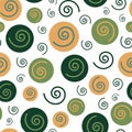 Abstract geometric circle seamless pattern. Green and yellow circles and spiral on white background. Royalty Free Stock Photo