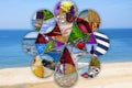 Abstract geometric collage art with summer elements, sea shore as a background