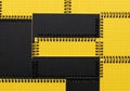 Abstract geometric composition of black rectangles and yellow grid pattern isolated on white background Royalty Free Stock Photo