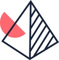 Abstract geometric composition featuring a striped pyramid intersecting a semicircle, creating a visually striking