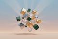 Abstract geometric composition of floating metallic and transparent cubes Royalty Free Stock Photo