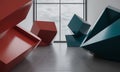 Abstract Geometric Composition with Red and Teal Cubes in Modern Interior Featuring Window and Cloudy Sky Seamless Loop Animation Royalty Free Stock Photo