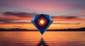 Abstract geometric crystal illuminated by fire at sunset over calm water reflection Royalty Free Stock Photo