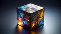 Abstract geometric cube with colorful stained glass effect, glowing on dark background. Royalty Free Stock Photo