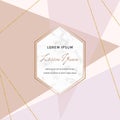 Abstract geometric design with pastel pink, nude and gold glitter lines and marble frame. Modern template for poster, cover, card
