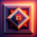 Abstract geometric digital artwork of nested squares and diamonds in warm orange, purple, and red tones.