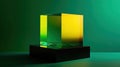 Abstract geometric glass cube with gradient illumination on dark pedestal Royalty Free Stock Photo