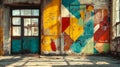 Abstract Geometric Graffiti on Distressed Walls of Abandoned Building Royalty Free Stock Photo