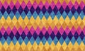 Abstract geometric harlequin pattern of rows of rhombuses in blue, beige, yellow, pink and purple