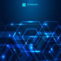 Abstract geometric hexagon shape with glowing light technology digital futuristic concept on dark blue background with space for Royalty Free Stock Photo