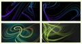 Abstract geometric illustration of doodle smoke waves with a gradient on a dark background. A set of 4 backgrounds. Abstract