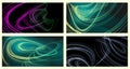 Abstract geometric illustration of doodle smoke waves with a gradient on a dark background. A set of 4 backgrounds. Abstract