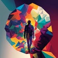 Abstract Geometric image of a silhouette of a man walking surrounded by kaleidescope color Royalty Free Stock Photo