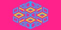 Abstract geometric isometric pattern with blue cubes and yellow diamonds on a vibrant pink background Royalty Free Stock Photo