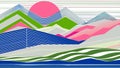 Abstract Geometric Landscape with Vibrant Pink Sun and Colorful Mountains