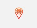 Geometric linear red color logo icon burger in geolocation label for your company