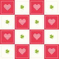 Abstract Geometric Pattern Background With Colorful Squares, Hearts And Three Leaf Clovers