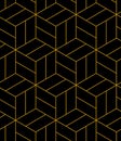 Abstract geometric pattern background with hexagonal and cube texture. Black and gold seamless grid lines. Simple Royalty Free Stock Photo