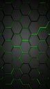 Abstract geometric pattern of black hexagons with vibrant green glowing edges Royalty Free Stock Photo