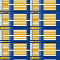Abstract Geometric Pattern with Blue and Yellow Stripes and Grid Design. Royalty Free Stock Photo