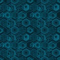 Abstract geometric pattern featuring hexagonal shapes with blue lines on a dark background, ideal for modern and futuristic Royalty Free Stock Photo