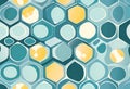 Abstract geometric pattern with interconnected hexagonal and circular shapes in teal and yellow hues Royalty Free Stock Photo