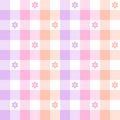 Abstract geometric pattern with flower print in colorful pastel gradient purple, pink, orange, white. Seamless spring gingham.