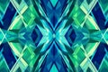 Abstract geometric pattern formed by linear shapes in vibrant blue and green, creating a modern,