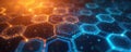 Abstract geometric pattern with glowing hexagons in blue and orange. Shows interconnected digital network or molecular structure. Royalty Free Stock Photo