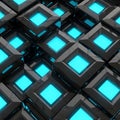 Abstract geometric pattern of glowing teal squares embedded in dark textured surfaces for digital art Royalty Free Stock Photo