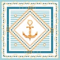 Abstract geometric pattern with golden chains, rope, belts, anchor and marine stripes.