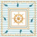 Abstract geometric pattern with golden chains, rope, tassels, ship wheel and marine stripes.