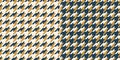 Abstract geometric pattern with houndstooth check plaid in blue, gold, off white. Seamless tweed tartan vector set for spring.