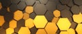 Abstract geometric pattern of interlocking hexagonal shapes in warm yellow and dark gray tones Royalty Free Stock Photo