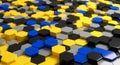 Abstract Geometric Pattern of Interlocking Hexagons in Yellow Blue and Gray hexagonal Royalty Free Stock Photo