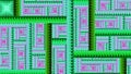 Abstract geometric pattern made out of square and rectangular grid with decorative spirals, all in glowing green,pink,blue