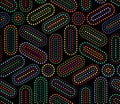 Abstract geometric pattern with multicolored concentric dotted lines on a black background. Modern style.