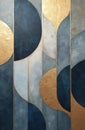 Abstract geometric pattern with navy blue, gold, and light blue shapes. Vertical lines and curves create modern art style. Royalty Free Stock Photo
