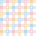 Abstract geometric pattern for spring summer with daisy flowers. Pastel colorful gingham tartan check plaid in blue, pink, yellow. Royalty Free Stock Photo