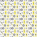 Abstract geometric pattern with stripes, lines. Circle,tringle,star seamless vector background. Black,grey and yellow texture