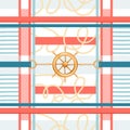 Abstract geometric pattern with trendy checkered print, golden chains, rope, belts, ship wheel and marine stripes.