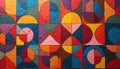 Abstract geometric pattern with vibrant colors, textured surface. Symmetrical shapes like circles, semi-circles, triangles Royalty Free Stock Photo
